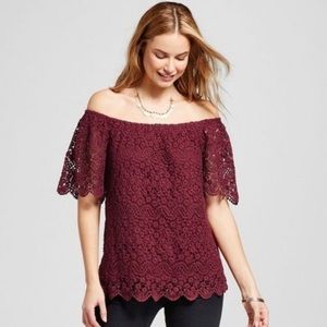 Maroon Lace Off-The-Shoulder Top- medium